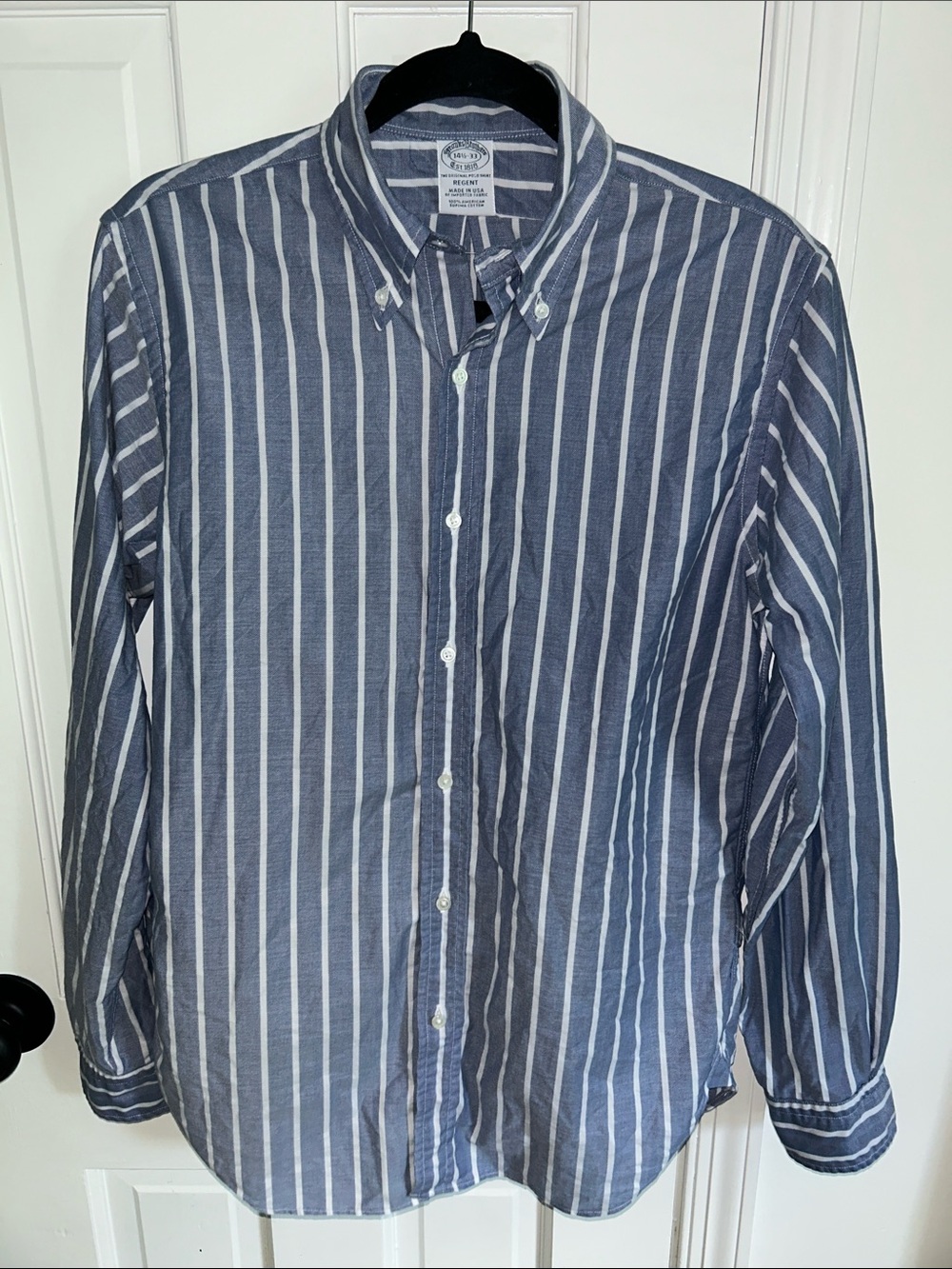 Brooks Brothers Navy and White Vertical Stripe Button-Down Shirt